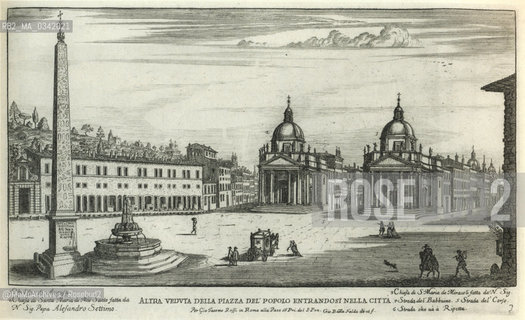 Rome, Piazza del Popolo in an engraving by Giovanni Battista Falda (1665). View of the square in direction of the Corso before the neoclassical transformation by Valadier (1816-20): There are the obelisk erected in 1589, the fountain by Giacomo della  Porta later substituted by that designed by Valadier (now it is in piazza Nicosia) and the twin churches designed by Carlo Rainaldi (1661) and completed by Bernini and Carlo Fontana  / Roma, piazza del Popolo in una incisione di Giovanni Battista Falda (1665) prima della trasformazione neoclassica del Valadier (1816-20). Veduta della piazza verso il Corso: si notano lobelisco eretto nel 1589, la fontana di Giacomo della Porta poi sostituita da quella del Valadier (oggi è in piazza Nicosia) e le chiese gemelle progettate da Carlo Rainaldi (1661) e completate dal Bernini e da Carlo Fontana - Reproduced by MaMoArchives/Rosebud2