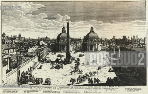 Rome, Piazza del Popolo in an engraving by Gomar Wouters (1692). View of the square towards the South / Roma, piazza del Popolo in una incisione di Gomar Wouters (1692). Veduta della piazza verso sud- Reproduced by MaMoArchives/Rosebud2