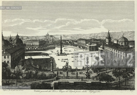 Rome, Piazza del Popolo in an engraving by Luigi Rossini. Panoramic view of the square done from the Pincio shortly after the neoclassical transformation by Valadier / Roma, piazza del Popolo in una incisione di Luigi Rossini. Veduta panoramica della piazza presa dalla passeggiata del Pincio poco dopo la trasformazione neoclassica della piazza opera del Valadier  - Reproduced by MaMoArchives/Rosebud2