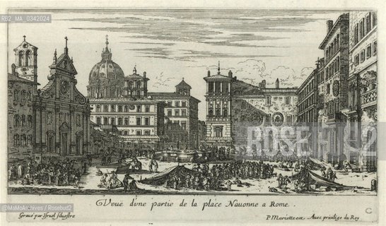 Rome, Piazza Navona in an engraving by Israel Silvestre (1640). View of the square animated by the market (1447-1880) and the travelling theater, before the construction of Palazzo Doria Pamphili and Palzzo Braschi. The fountain is still without the Moro (moor) statue by Bernini, in the center rhere is a water trough for animals / Roma, piazza Navona in una incisione di Israel Silvestre (1640). Veduta della piazza animata dal mercato (1447-1880) e dal teatro ambulante, prima della costruzione di palazzo Braschi e palazzo Doria Pamphili. La fontana è ancora senza la statua del Moro del Bernini, al centro cè un abbeveratoio per animali - Reproduced by MaMoArchives/Rosebud2