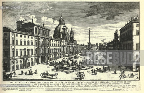 Rome, Piazza Navona in an engraving by Gomar Wouters (1693). View of the square with the travelling theater and carriages. The church of San Giacomo degli Spagnoli and the adjacent hospital for Spaniards have still the original façade / Roma, piazza Navona in una incisione di Gomar Wouters (1693). Veduta della piazza con il teatro ambulanze e carrozze. La chiesa di San Giacomo di Spagna e lannesso ospedale per spagnoli presentano ancora la facciata originaria - Reproduced by MaMoArchives/Rosebud2