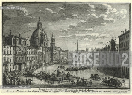 Rome, Piazza Navona in an engraving by Giuseppe Vasi (1752). This square from the XVII to the middle of XIX century used to be flooded on Saturday and Sunday during the summer and for feasts to refresh the nobles who went there in their coaches or on horseback / Roma, Piazza Navona in una ingisione di Giuseppe Vasi (1752). Questa piazza veniva allagata di sabato e di domenica nei mesi estivi o in occasione di feste per rinfrescare i nobili che arrivavano nelle loro carrozze o a cavallo - Reproduced by MaMoArchives/Rosebud2