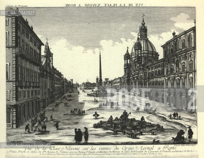 Rome, Piazza Navona in a vue doptique, an engraving produced to be projected onto a screen through a magic lantern: for this reason what is in reality on the right is drawn on the left and viceversa (by Jaen Barbault, first half of the eighteenth century) / Roma, piazza Navona in una vue doptique, una incisione realizzata per essere proiettata attraverso una lanterna magica: per questo quello che nella realtà si trova a destra è disegnato a sinistra e viceversa (di Jean Barbault, prima metà del 700) - Reproduced by MaMoArchives/Rosebud2