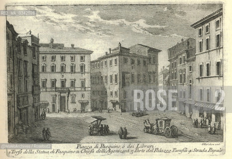 Rome, Piazza di Pasquino in an engraving by Giuseppe Vasi (1752). In this square there is the famous statue of Pasquino, one of the talking statues of the so called congress of the wily (the others are Madama Lucrezia, Marforio, Abbot Luigi, the Babuino and the Facchino). Around it was born a custom still in vogue today: to put posters with sentences of socio-political satire / Roma, piazza di Pasquino in una incisione di Giuseppe Vasi (1752). Qui si trovala statua di Pasquino, che nella tradizione popolare è una delle staue parlanti del cosiddetto congresso degli arguti (le altre sono quelle di Madama Lucrezia, Marforio, labate Luigi, Il Babuino e il Facchino). Intorno ad essa nacque la tradizione, viva ancora oggi, di attaccare dei cartelli con frasi di satira socio-politica - Reproduced by MaMoArchives/Rosebud2