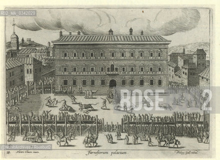 Rome, Piazza Farnese in an engraving by Philipp Galle (end of the sixteenth century). In the square there was only one of the two basins found at Caracallas baths and later used as fountains. At that time this one was used as a grandstand for the authorities during feasts like flooding, such as the one in Piazza Navona, or various feasts like the Giostra della vaccina, a sort of bullfight / Roma, piazza Farnese in una incisione di Philipp Galle (fine del XVI secolo). Cè solo una delle due vasche trovate nelle terme di Caracalla e che in seguito diventeranno fontane gemelle. Questa allepoca serviva da tribuna per le autorità durante feste come lallagamento,simile a quello di piazza Navona, o feste varie come la Giostra della vaccina, una specie di corrida - Reproduced by MaMoArchives/Rosebud2