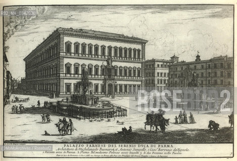 Rome, Piazza Farnese in an engraving by Alessandro Specchi (1699). To be noted are both basins found at Caracallas baths, placed at different times in the square and transformed into fountains in 1626, like they are today / Roma, piazza Farnese in una incisione di Alessandro Specchi (1699). Si possono vedere entrambe le vasche trovate alle terme di Caracalla, collocate nella piazza in tempi diversi e trasformate in fontane nel 1626, come sono oggi - Reproduced by MaMoArchives/Rosebud2