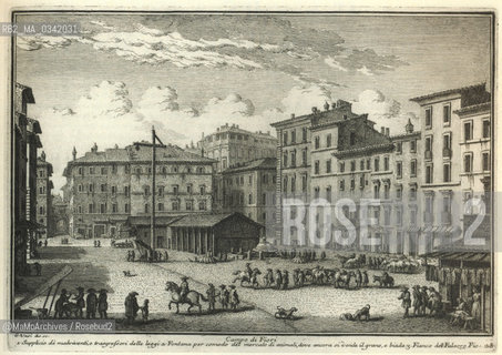 Rome, Campo de Fiori in an engraving  by Giuseppe Vasi (1752). To be noted are the justice pole (this square was also the place where the judgements were executed: hangings, decapitations, tortures. In 1600 Giordano Bruno, considered a heretic, was burned here) and the fountain by Giacomo della Porta (1590) with the cover of travertine added in 1622. In 1924 this fountain was removed and tranferred in Piazza della Chiesa Nuova / Roma, Campo de Fiori in una incisione di Giusepe Vasi (1752). Da notare il palo di giustizia (questa piazza era anche il luogo in cui si eseguivano le sentenze: impiccagioni, decapitazioni, torture. Nel 1600 Giordano Bruno, condannato come eretico, fu messo al rogo qui) e la fontana di Giacomo della Porta (1590) on il coperchio di travertino aggiunto nel 1622. Nel 1624 questa fontana fu rimossa e trasferita in piazza della Chiesa Nuova - Reproduced by MaMoArchives/Rosebud2