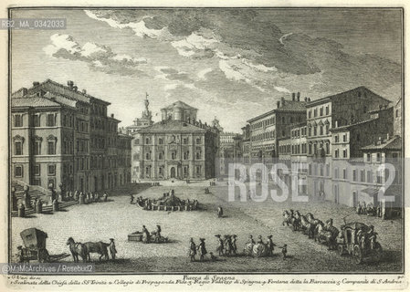 Rome, piazza di Spagna in an engraving by Giuseppe Vasi (1752). In the middle there is the façade of the Collegio di Propaganda Fide by Bernini and in the upper section of the background there is the bell tower of SantAndrea delle Fratte by Borromini / Roma, piazza di Spagna in una incisione di Giuseppe Vasi (1752). Nel mezzo si nota la facciata del Collegio di Propaganda Fide, opera del Bernini, e in alto sullo sfondo il campanile di SantAndrea delle Fratte, opera del Borromini - Reproduced by MaMoArchives/Rosebud2