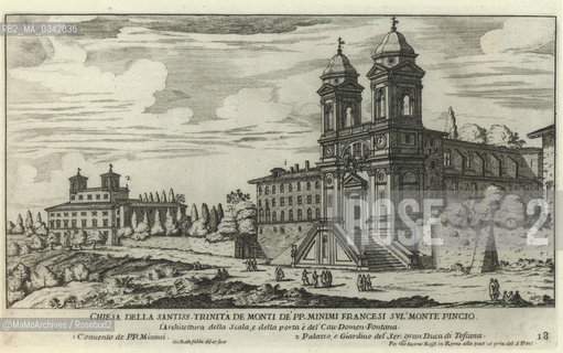 Rome, Piazza di Spagna in an engraving by Giovanni Battista Falda (about 1667). The square still without the steps and the obelisk. In the background, Villa Medici (wich became seat of the French Academy in 1803) / Roma, piazza di Spagna in una incisione di Giovanni Battista Falda (1667 circa). La piazza ancora senza la scalinata e lobelisco. Sullo sfondo, villa Medici (divenuta sede dellAccademia di Francia nel 1803) - Reproduced by MaMoArchives/Rosebud2