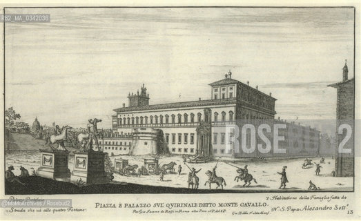 Rome, Piazza del Quirinale in an engraving by Giovanni Battista Falda (1665). Palazzo del Quirinale with the doors by Carlo Maderno. The Hellenistic statues of Dioscuri are still set parallel. In 1786, after a four-year work, they was rotated and the fountain in front of them was removed in order to make space to the Egyptian obelisk. In 1818 a great round basin of oriental granite was added as a fountain. Before, it was a water trough for animals in the Campo Vaccino (Roman Forum)  / Roma, piazza del Quirinale in una incisione  di Giovanni Battista Falda (1665). Il palazzo del Quirinale con il portale di Carlo Maderno. Le statue ellenistiche di Dioscurisono ancora disposte parallele. Nel 1786, dopo un lavoro durato quattro anni, furono ruotate e la fontana davnti a loro fu rimossa, in modo da far posto allobelisco egizio. Nel 1818  venne aggiunta come fontana una grande vasca rotonda di granito orientale che prima era un abbeveratoio per animali in Campo Vaccino (Foro Romano) - Reproduced by MaMoArchives/Rosebud2