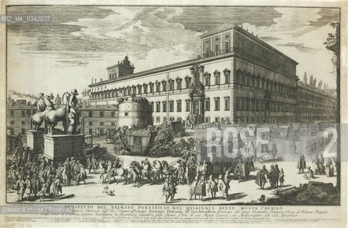 Rome, Piazza del Quirinale in an engraving by Gomar Wouters (1692). July 15, 1692: parade of coaches wich accompany the Prince of Lichtenstein, Ambassador to the Apostolic Seat, for the presentation of his credentials. On the square, the Dioscuri statues and in front of them the original fountain, removed in 1786 in order to make space to the Egyptian obelisk and replaced in 1818 by the current one / Roma, piazza del Quirinale in una stampa di Gomar Wouters (1692). 15 luglio 1692: corteo di carrozze che accompagnano il principe del Liechtenstein, ambasciatore presso la sede apostolica, per la presentazione delle credenziali. Sulla piazza, le statue dei Dioscuri con la fontana originaria, rimossa nel 1786 per far posto allobelisco egizio e sostituita nel 1818 con quella attuale - Reproduced by MaMoArchives/Rosebud2