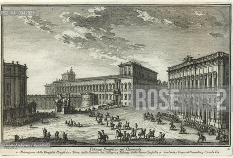 Rome, Piazza del Quirinale in a engraving by Giuseppe Vasi (1754). View of the square with the Palazzo del Quirinale, the Palazzo della Consulta and the Pontifical Stables. The Dioscuri statues are still parallel, as they were before being rotated in 1786 to make room to the egyptian obelisk previously unburied near San Rocco Hospital and abandoned in via Ripetta for some time / Roma, piazza del Quirinale in una incisione di Giuseppe Vasi (1754). Veduta della piazza con il palazzo del Quirinale, il palazzo della Consulta e le Scuderie pontificie. Le statue dei Dioscuri sono ancora parallele, come erano prima di essere divaricate nel 1786 per far posto allobelisco egizio precedentemente dissepolto vicino allospedale di San Rocco e abbandonato per diverso tempo in via Ripetta - Reproduced by MaMoArchives/Rosebud2