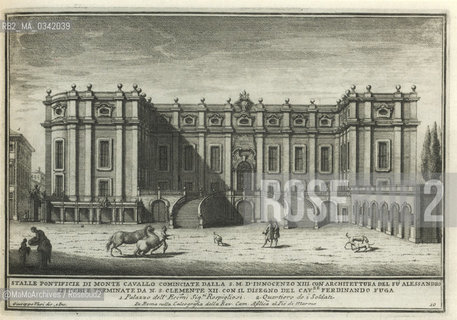 Rome, Piazza del Quirinale in an engraving by Giuseppe Vasi (1739). The Pontifical Stables built in front of the Palazzo del Quirinale by Alessandro Specchi and Ferdinando Fuga (1722-31) / Roma, piazza del Quirinale in una incisione di Giuseppe Vasi (1739). Le Scuderie papali costruite di fronte al palazzo del Quirinale da Alessandro Specchi e Ferdinando Fuga (1722-31) - Reproduced by MaMoArchives/Rosebud2