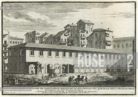 Rome, view of the sheds for the coaches of Palazzo del Quirinale in an engraving by Jean-Laurent Legeay (1739) / Roma, veduta delle rimesse delle carrozze del palazzo del Quirinale in una incisione di Jean-Laurent Legeay (1739) - Reproduced by MaMoArchives/Rosebud2