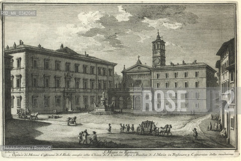 Rome, Piazza di Santa Maria in Trastevere in an engraving by Giovanni Battista Falda (1691). The fountain just before the substitution by Carlo Fontana of the shells with the current ones similar to the shell of the Bees Fountain by Bernini in Piazza Barberini / Roma, Piazza di Santa Maria in Trastevere in una incisione di Giovanni Battista Falda (1691). La fontana poco prima della sostituzione delle conchiglie da parte di Carlo Fontana con quelle attuali, simili alla conchiglia della fontana delle Api del Bernini in piazza Barberini - Reproduced by MaMoArchives/Rosebud2