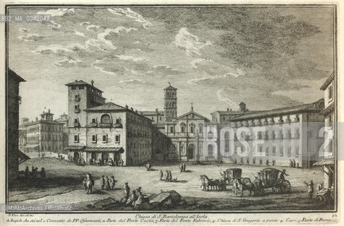 Rome, Piazza di San Bartolomeo allIsola, placed on the little island in the Tiber (engraving by Giuseppe Vasi, 1754) / Roma, piazza di San Bartolomeo allisola, situata sulla piccola isola tiberina (incisione di Giuseppe Vasi, 1754) - Reproduced by MaMoArchives/Rosebud2