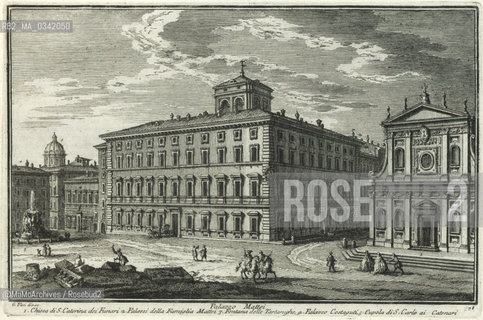 Rome, Piazza Mattei in an engraving by Giuseppe Vasi (1754). On the rigth the Church of Santa Caterina dei Funari (erected in XII century and rebuilt from 1560 to 1564), in the middle Palazzo Mattei di Giove (late XVI century) and on the left the two older Mattei palaces. Behind the fountain is Palazzo Costaguti / Roma, piazza Mattei in una incisione di Giuseppe Vasi (1754). Sulla destra la chiesa di Santa Cterina dei Funari (costruita nel XII sec. e riedificata tra il 1560 e il 1564), al centro palazzo Mattei di Giove e a sinistra i due palazzi Mattei più antichi. Dietro la fontana cè palazzo Costaguti - Reproduced by MaMoArchives/Rosebud2