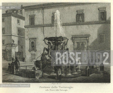 Rome, Piazza Mattei in an engraving by Domenico Amici (1839). Fountain of the Turtles by Taddeo Landini (1585). The turtles were added by Bernini in XVII century. In front of the fountain there was a typical water trough for animals / Roma, piazza Mattei in una incisione di Domenico Amici (1839). La fontana delle tartarughe, opera di Taddeo Landini (1585). Le tartarughe sono unaggiunta secentesca del Bernini. Davanti alla fontana cera un tipico abbeveratoio per animali - Reproduced by MaMoArchives/Rosebud2