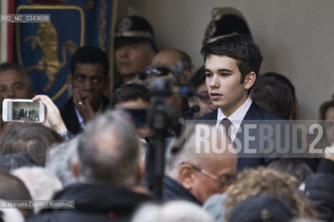 Il discorso di Emanuele, nipote di Umberto Eco, durante il funerale del nonno celebrato al castello sforzesco con cerimonia laica / The speech by Emanuele , grandson of Umberto Eco , during the funeral of his grandfather celebrated the Sforzesco Castle with secular ceremony. Only for editorial use / Solo per uso editoriale. ©Manuela Zugolo/Rosebud2