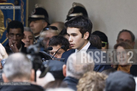 Il discorso di Emanuele, nipote di Umberto Eco, durante il funerale del nonno celebrato al castello sforzesco con cerimonia laica / The speech by Emanuele , grandson of Umberto Eco , during the funeral of his grandfather celebrated the Sforzesco Castle with secular ceremony. Only for editorial use / Solo per uso editoriale. ©Manuela Zugolo/Rosebud2