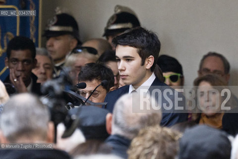 Il discorso di Emanuele, nipote di Umberto Eco, durante il funerale del nonno celebrato al castello sforzesco con cerimonia laica / The speech by Emanuele , grandson of Umberto Eco , during the funeral of his grandfather celebrated the Sforzesco Castle with secular ceremony. Only for editorial use / Solo per uso editoriale. ©Manuela Zugolo/Rosebud2