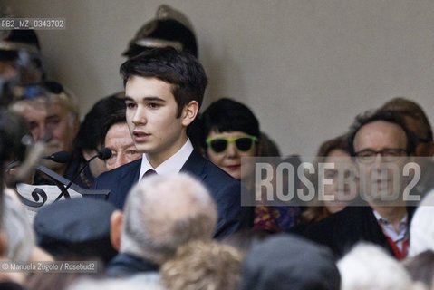 Il discorso di Emanuele, nipote di Umberto Eco, durante il funerale del nonno celebrato al castello sforzesco con cerimonia laica / The speech by Emanuele , grandson of Umberto Eco , during the funeral of his grandfather celebrated the Sforzesco Castle with secular ceremony. Only for editorial use / Solo per uso editoriale. ©Manuela Zugolo/Rosebud2