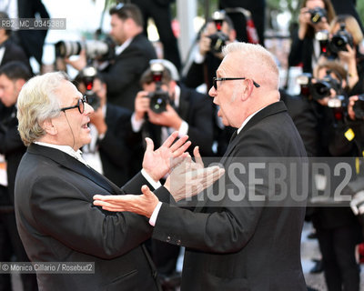 Jean-Paul Gautier e il presidente della giuria George Miller alla 69esima edizione del Festival del Cinema di Cannes  per la premiere  di Julieta. Designer Jean-Paul Gaultier and jury member George Miller attend the Julieta premiere during the 69th annual Cannes Film Festival at the Palais des Festivals on May 17, 2016 ©Monica Cillario/Rosebud2