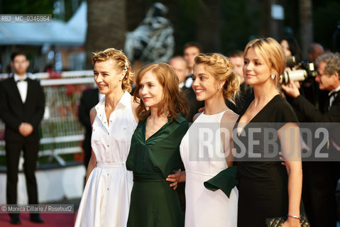 Virginie Efira, Alice Isaaz, Isabelle Huppert e  Anne Consigny,  al termine della premiere del film Elle, in gara per la 69esima edizione del Festival del Cinema di Cannes, maggio 2016. Actress Virginie Efira, actress Alice Isaaz, actress Isabelle Huppert and actress Anne Consigny leave the Elle Premiere during the 69th annual Cannes Film Festival at the Palais des Festivals on May 21, 2016 ©Monica Cillario/Rosebud2