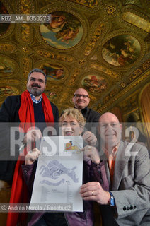 Venice 12 april 2013. Left vs Right: italian writers Andrea Molesini,Tiziano Scarpa, Alessandro Marzo Magno and (sitting) german writer Petra Reski. ©Andrea Merola/Rosebud2