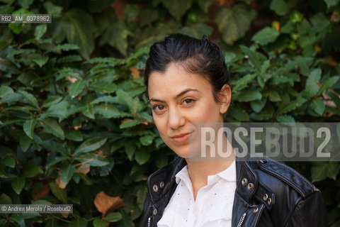 La scrittrice svizzera Michelle Steinbeck posa per una foto, durante una pausa del festival di letteratura Incroci di Civiltà, a Venezia, 6 aprile 2019..Swiss writer Michelle Steinbeck poses, during a break in the literature festival Incroci di Civiltà, in Venice, 6 April 2019. ©Andrea Merola/Rosebud2