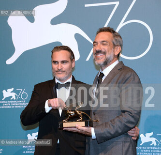 Il regista statunitense Todd Phillips Leone d’Oro alla 76° edizione della Mostra Internazionale d’Arte Cinematografica di Venezia con il film “Joker”, e l’attore statunitense Joaquin Phoenix, 7 settembre 2019. ©Andrea Merola/Rosebud2