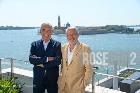 Da dx a sx: Roberto Cicutto, produttore e critico cinematografico, neo presidente della Biennale di Venezia, e Alberto Barbera, direttore del Festival Internazionale d’Arte Cimatografica di Venezia posano sulla terrazza di Cà Giustinian, Venezia, 28 luglio 2020. ©Andrea Merola/Rosebud2