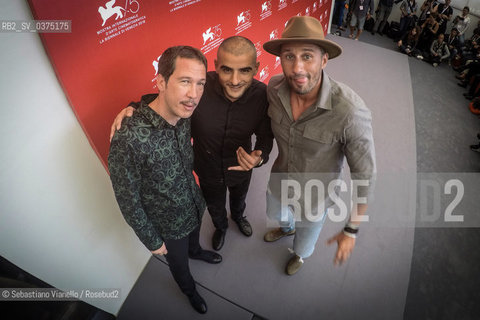 Lido di Venezia, 1 settembre 2018. Gli attori Sofiane Zermani, Reda Kateb, Matthias Schoenaerts, tra gli interpreti del film Freres Ennemis alla 75a Mostra del Cinema di Venezia.  ©Sebastiano Vianello/Rosebud2