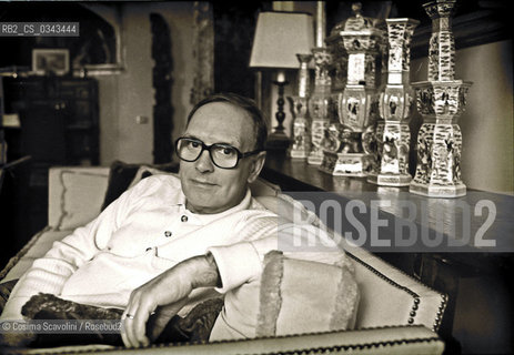 Photo Cosima Scavolini/Rosebud2.Rome, Nineties.Composer Ennio Morricone posing in his house in Rome in the nineties.In the photo Ennio Morricone ©Cosima Scavolini/Rosebud2