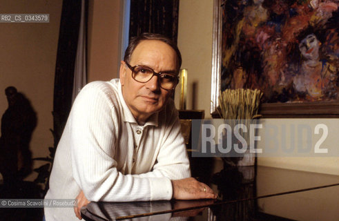 Photo Cosima Scavolini/Rosebud2.Rome, Nineties.Composer Ennio Morricone posing in his house in Rome in the nineties.In the photo Ennio Morricone ©Cosima Scavolini/Rosebud2