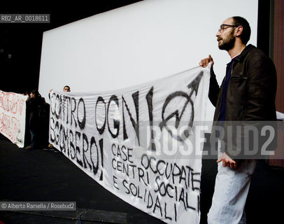 opening torino film festival 2009, teatro regio di torino, as squatters occupied theatre for protest against occupied houses clearing, director gianni amelio presents actor aaron johnson and film director sam wood-taylor for nowhere boy based on john lennons story..in the picture: a moment of the squatter theatre occupation ©Alberto Ramella/Rosebud2