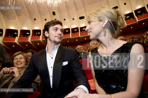 opening torino film festival 2009, teatro regio di torino, as squatters occupied theatre for protest against occupied houses clearing, director gianni amelio presents actor aaron johnson and film director sam wood-taylor for nowhere boy based on john lennons story..in the picture: aaron johnson, sam wood taylor ©Alberto Ramella/Rosebud2