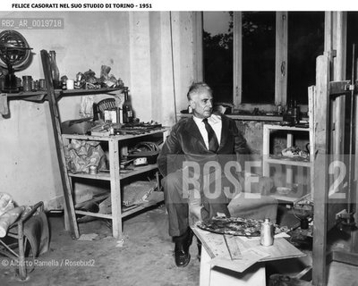 Casorati, Felice (1886–1963), Italian painter. Influenced by Beardsley and other English engravers, Casorati, together with Carrà, was involved in the symbolist movement. He was instrumental in the formation of the metaphysical school. in the pict feliuce casorati in his studio in 1951 ©Alberto Ramella/Rosebud2