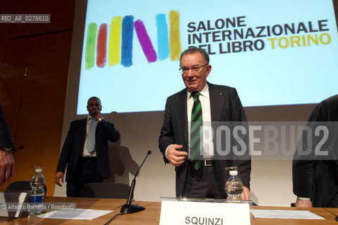 18.05.13 Torino, Salone Internazionale del Libro 2013, Nella foto: evento per una rinascita italiana, Mario Squinzi, Vincenzo Cerami, nella foto Mario Squinzi Presidente confindustria e Sassuolo che indossa la cravatta con i colori del Sassuolo neo promosso in serie A ©Alberto Ramella/Rosebud2